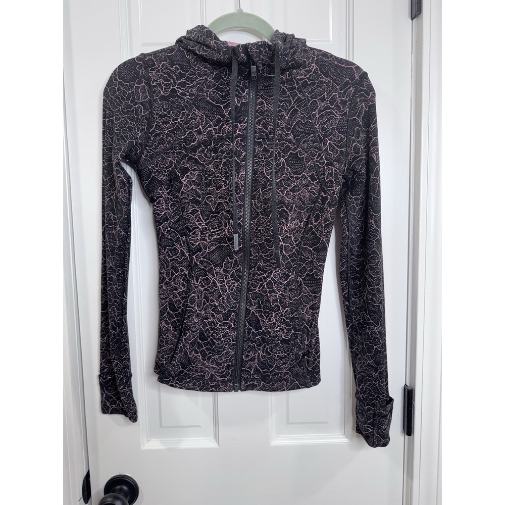Lululemon Jacket Womens Size 4 Black Pink Floral Hooded Full Zip